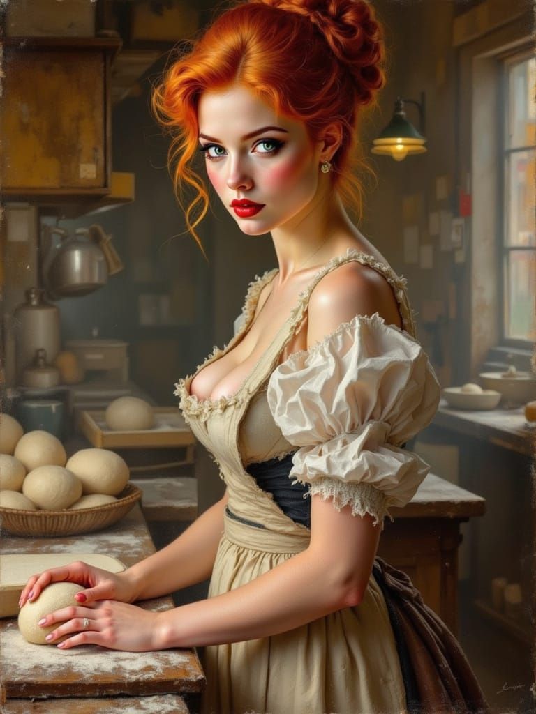 1500s Baker Kneading Dough in Bustling Kitchen