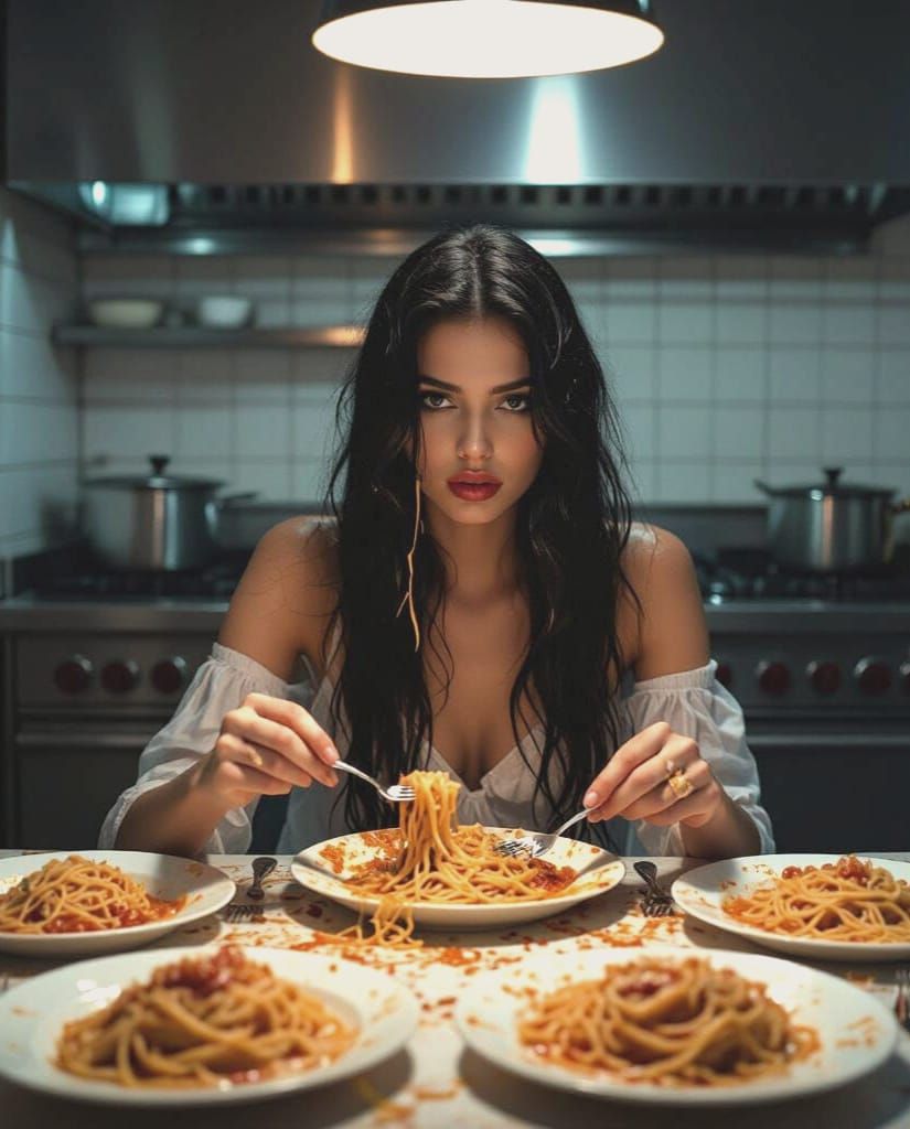 Cinematic Night Scene of Woman Eating Spaghetti in Kitchen