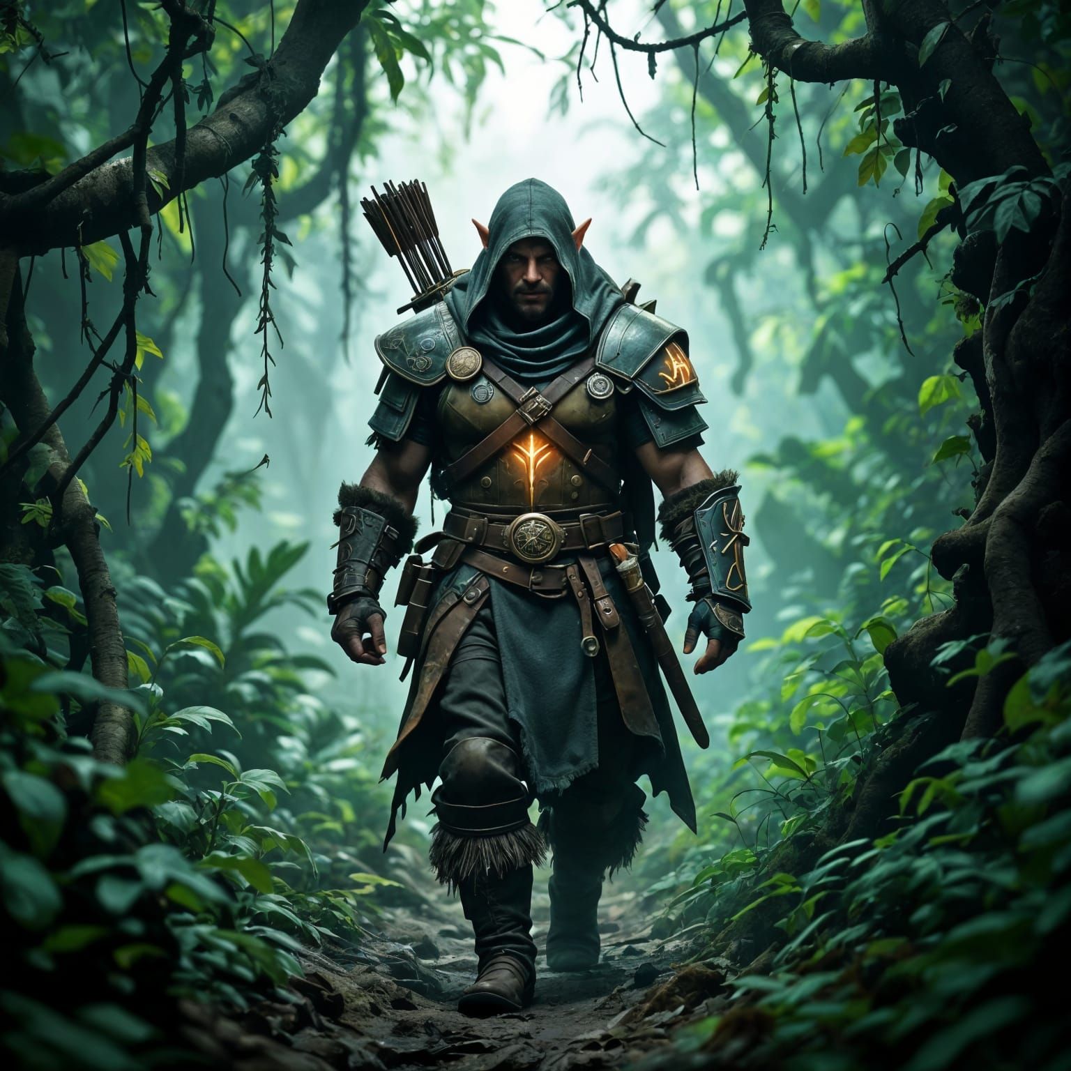 Elf Ranger in Misty Jungle - Warhammer 40k Concept Art Style