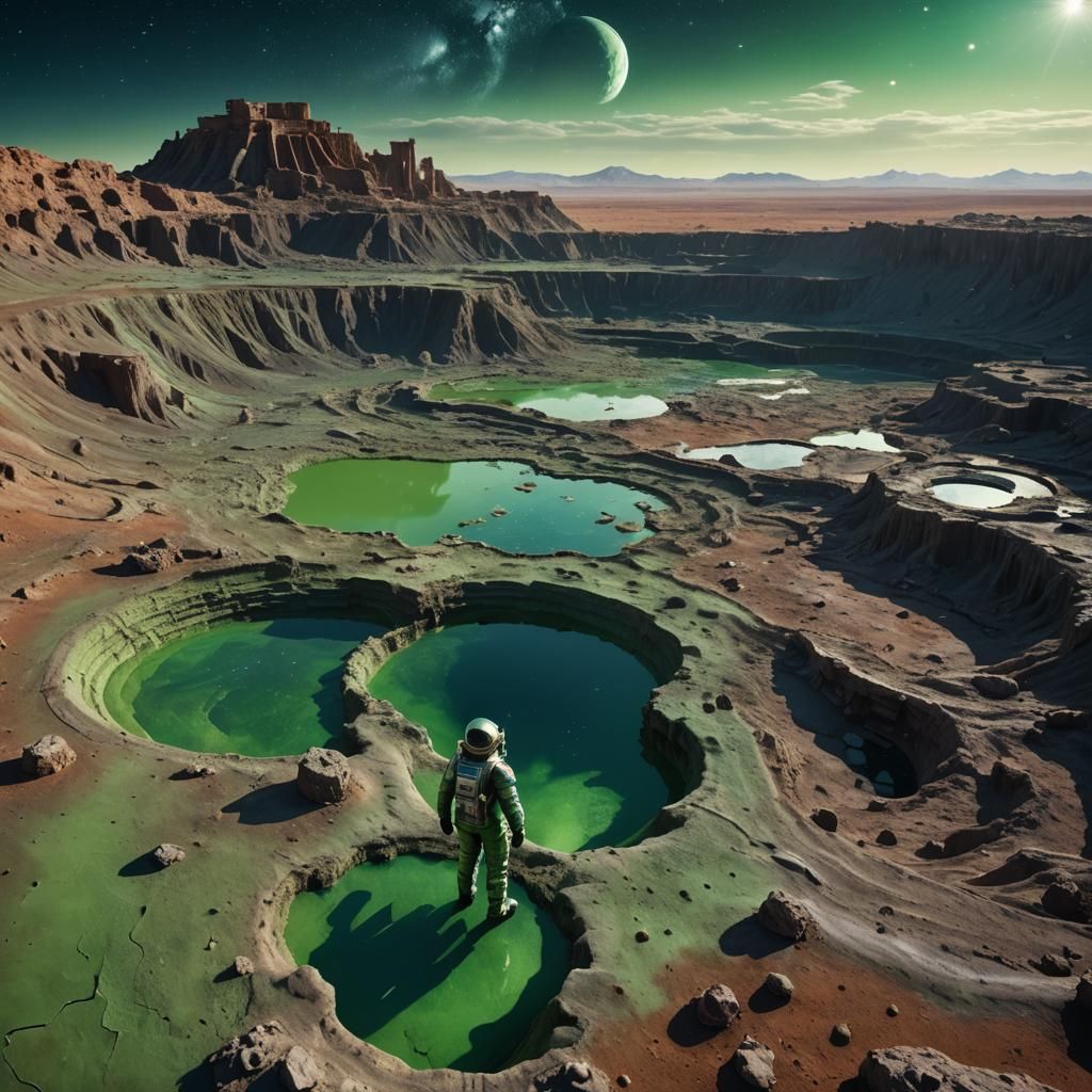 Astronaut Amidst Ancient Ruins in a Cosmic Landscape