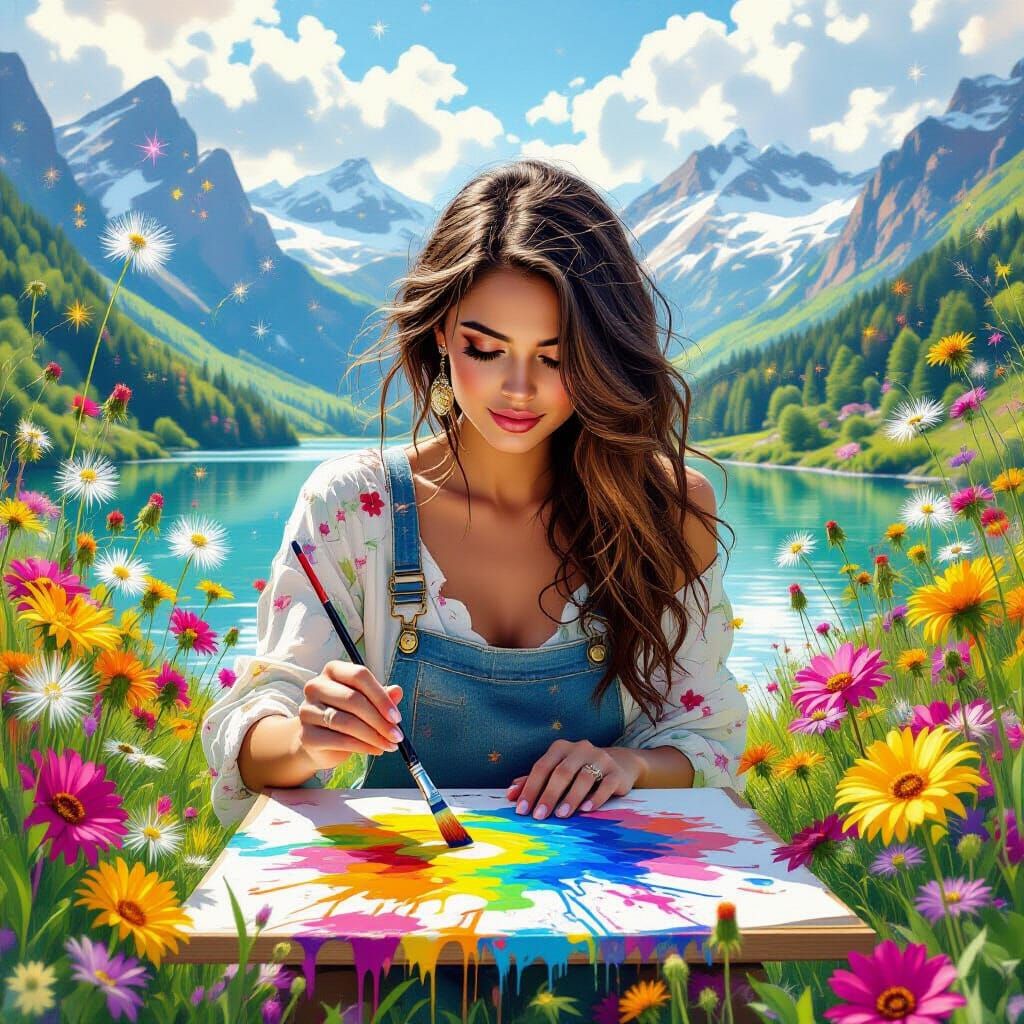 Whimsical Woman in a Flower Garden: Digital Art