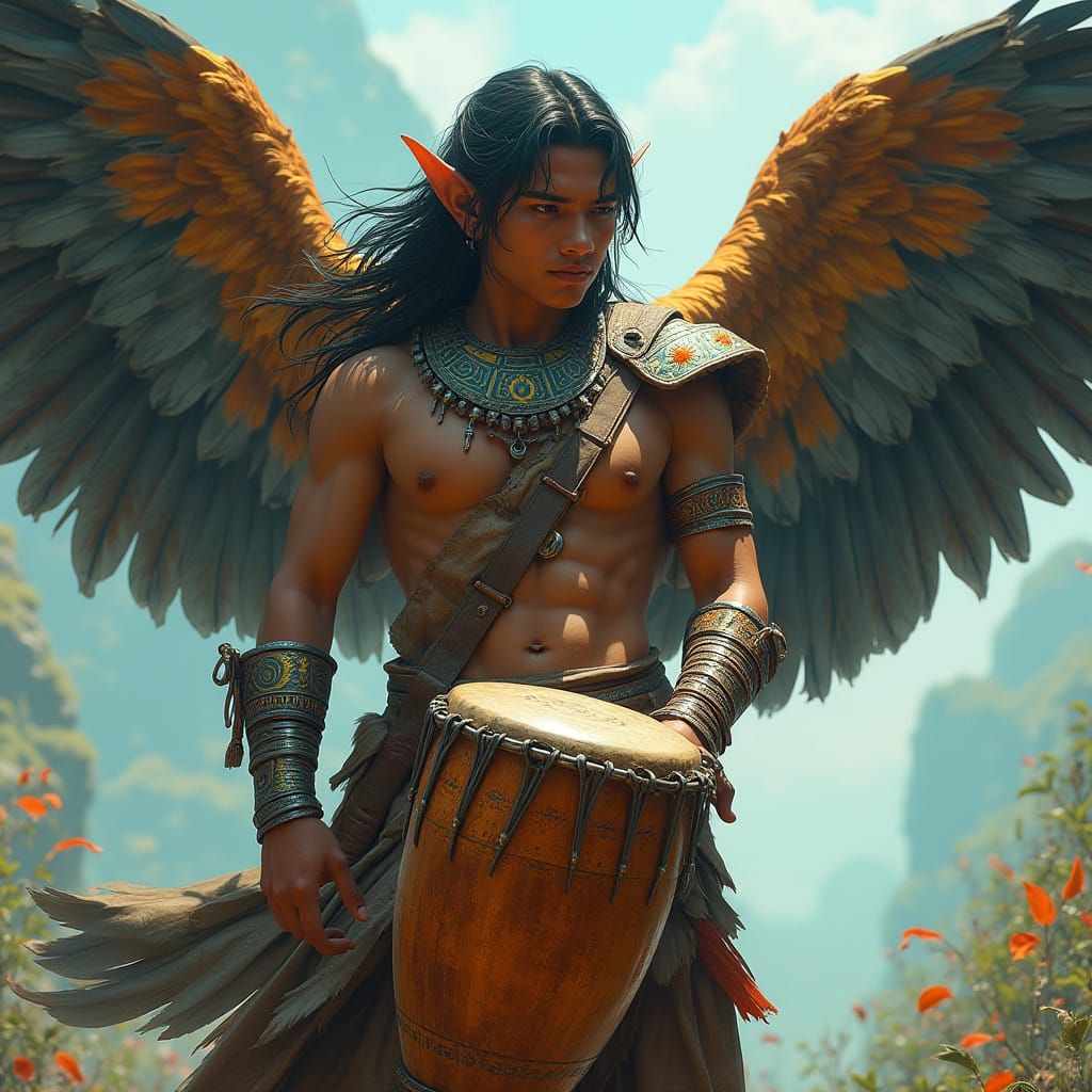 Latin American Warrior with Harpy Eagle Wings and Djembe