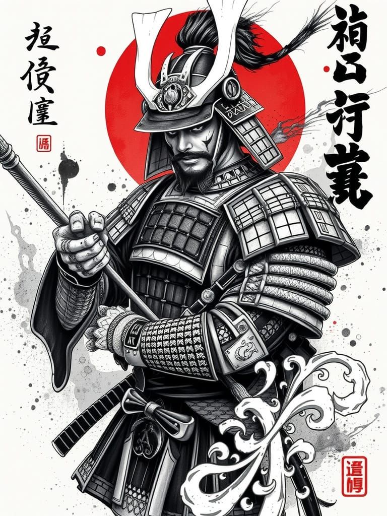 Samurai Warrior in Tattoo Art Style