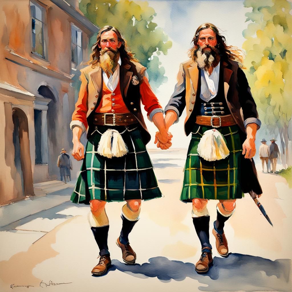 Men in Kilts Holding Hands: Impressionist Gouache Painting