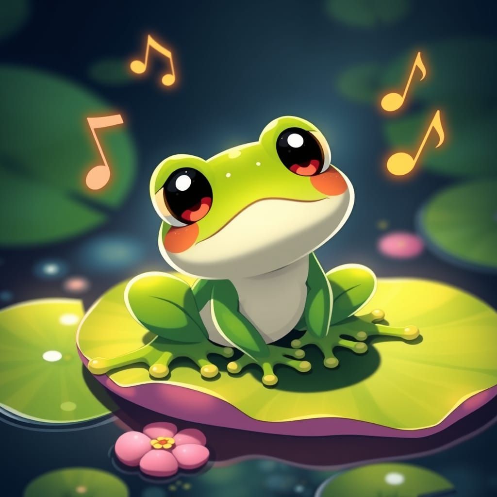 Cute Singing Frog on Lily Pad in Anime Style