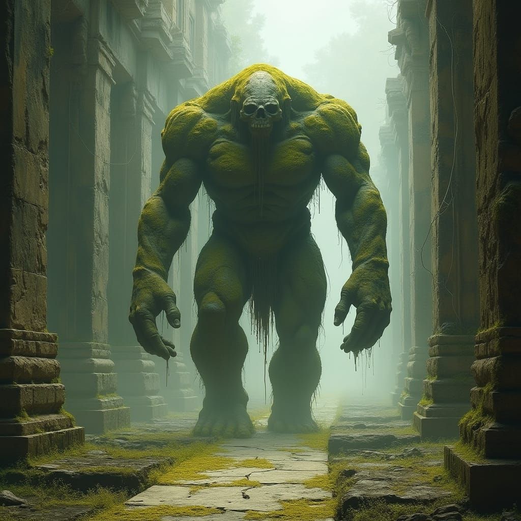 Ancient Stone Golem Lumbering Down Ruined Temple Runway