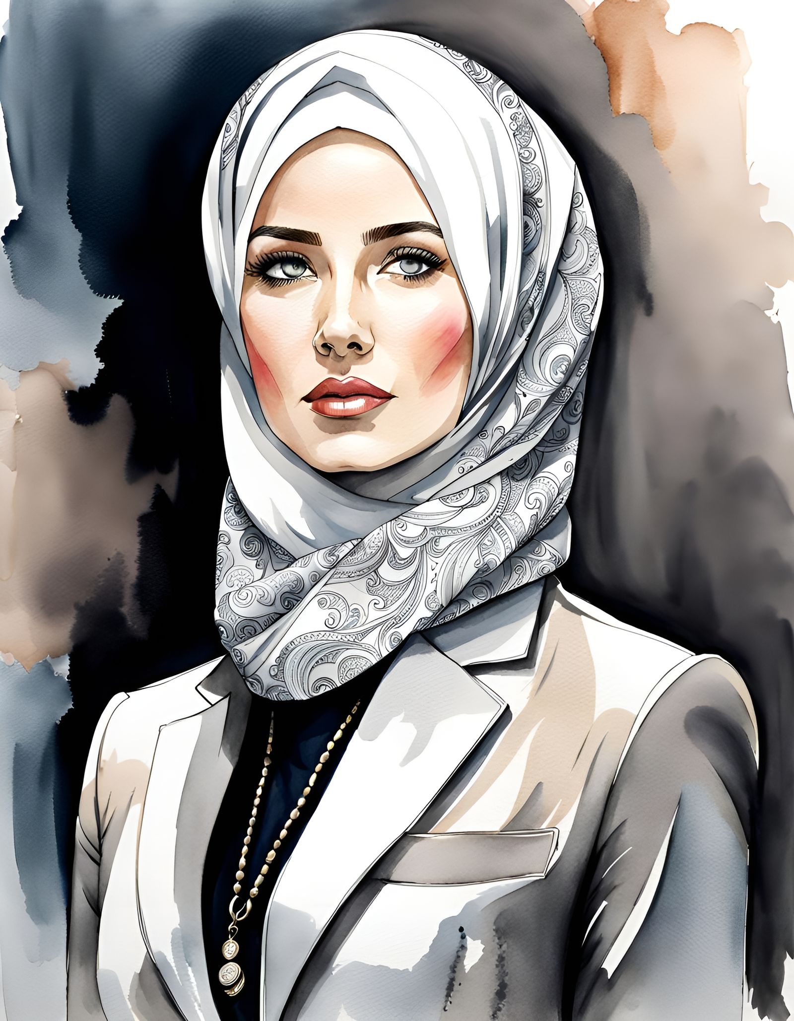 Young Businesswoman in Monochrome Hijab, Watercolor Portrait
