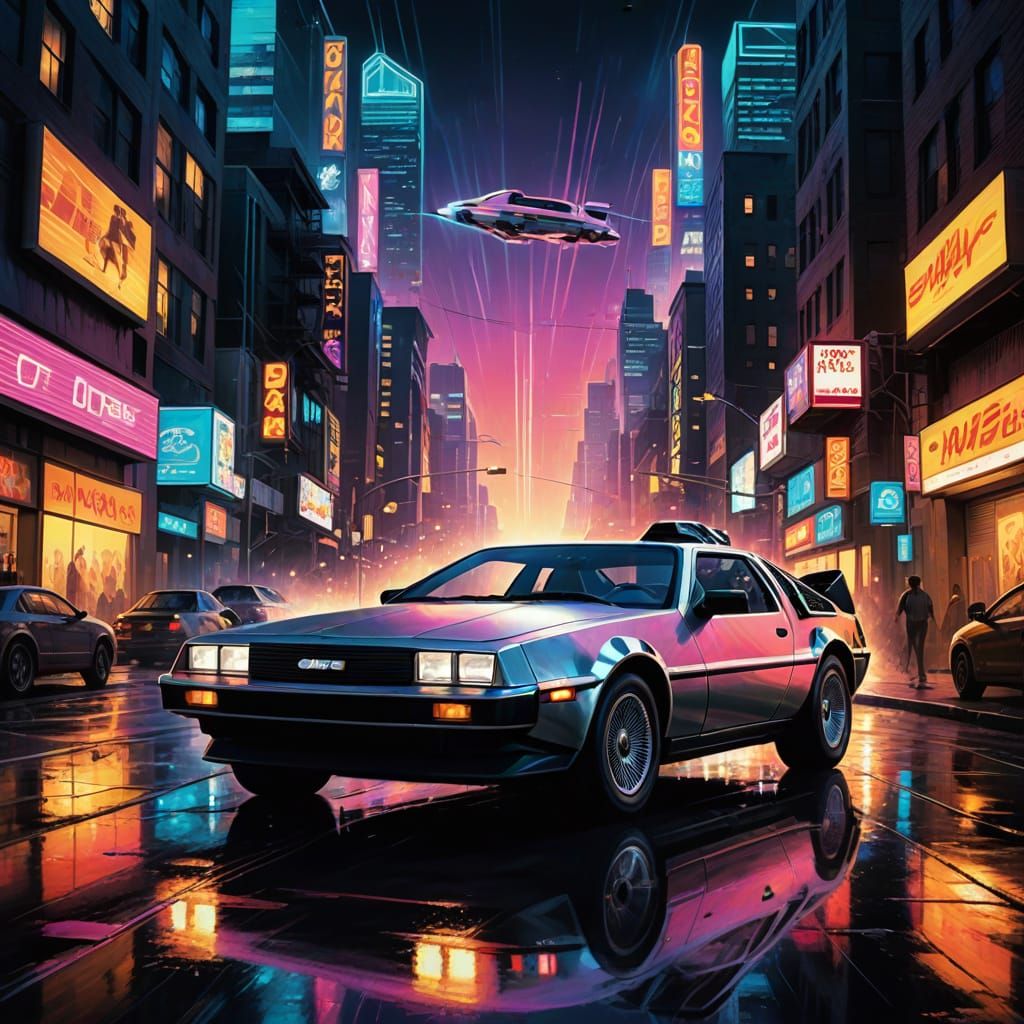 DeLorean Speeds Through Neon Cityscape in Vibrant Oil Painti...