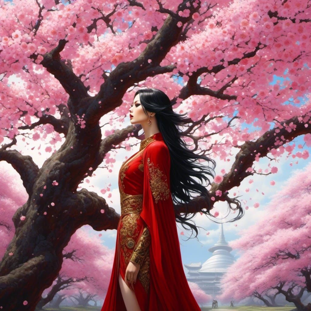 Girl Under Sakura Tree: Digital Portrait