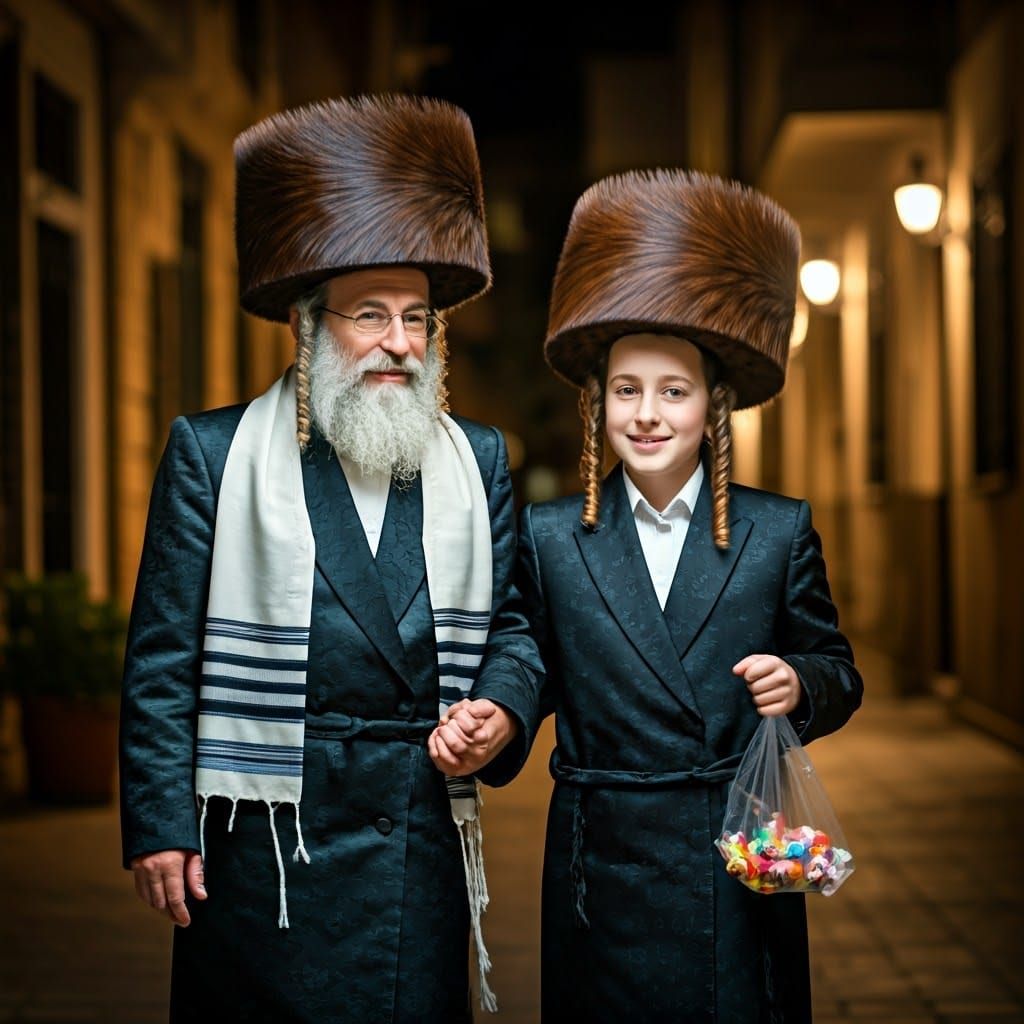 Handsome Young Orthodox Jewish Boy with Father on Shabbat Ni...