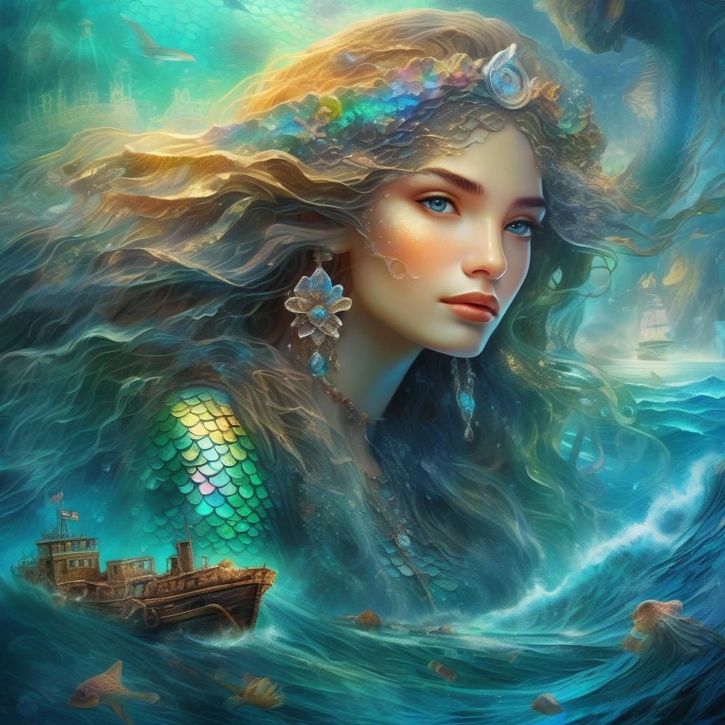 Dreamy Mermaid in Wreckage: Art Nouveau Illustration