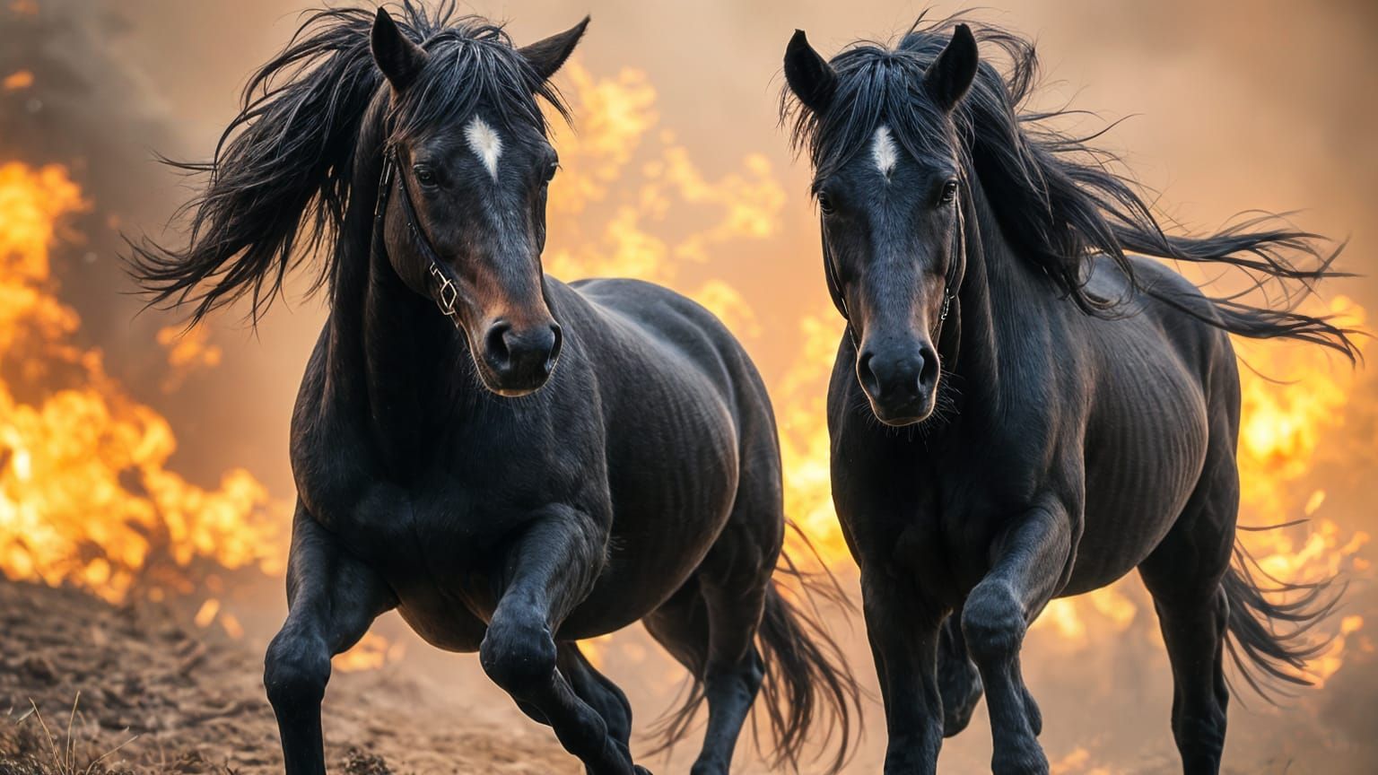 Sleek Black Friesian Stallions Gallop from Wildfire