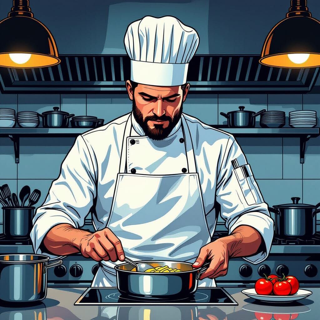 Chef in Kitchen: Comic Book Style Hyperrealism