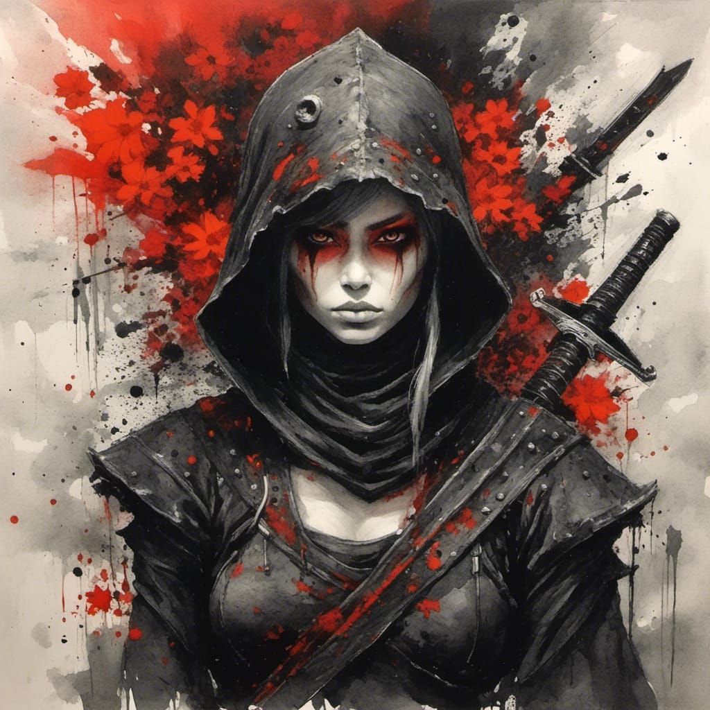 Beautiful Ninja in Water-Ink Style