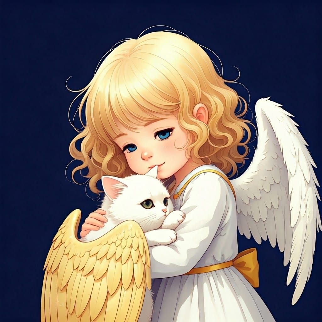 Anime Angel Girl Hugging Winged Cat