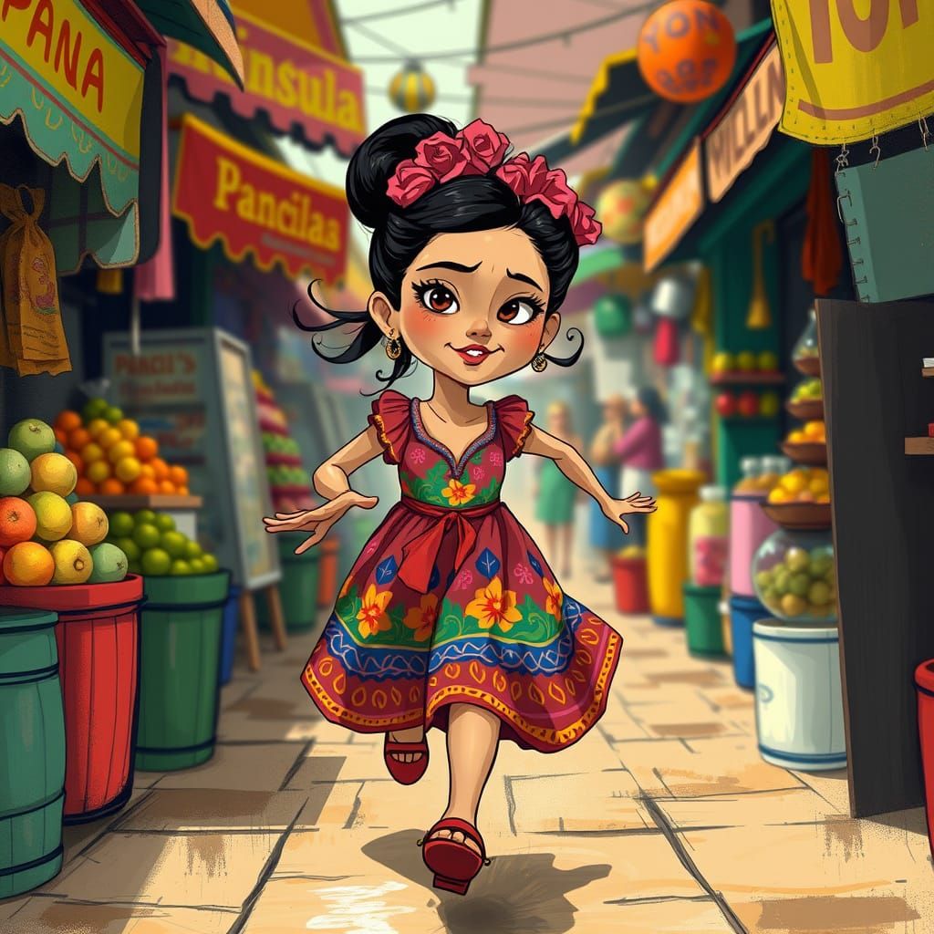 Mathilda's Mischief in Venezuelan Market, Digital Art