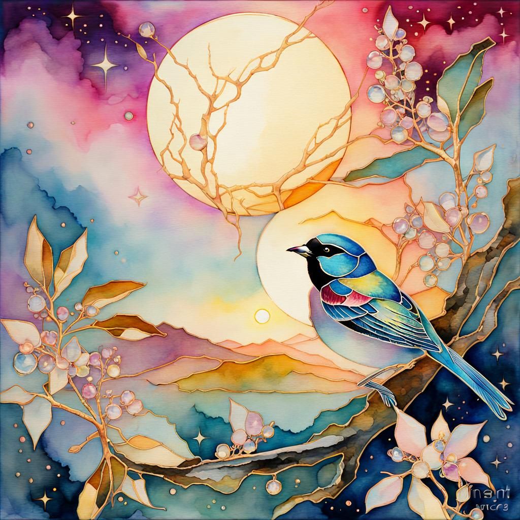 Iridescent Sparrow in Watercolor Starscape