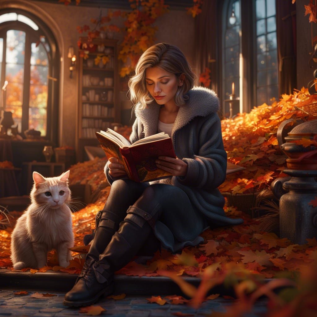 Cozy Fall Cafe Scene with Girl and Cat