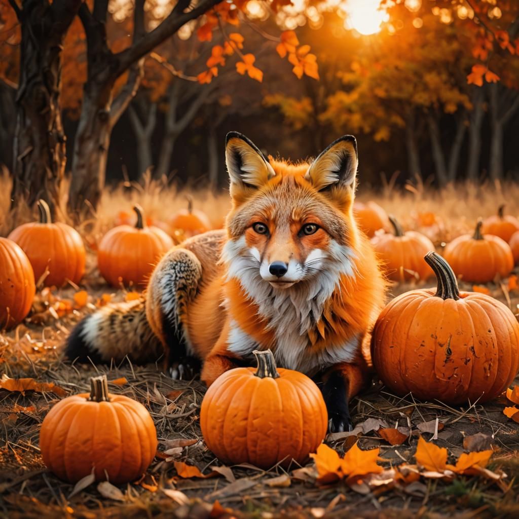 Fox and Pumpkin in Autumnal Digital Art