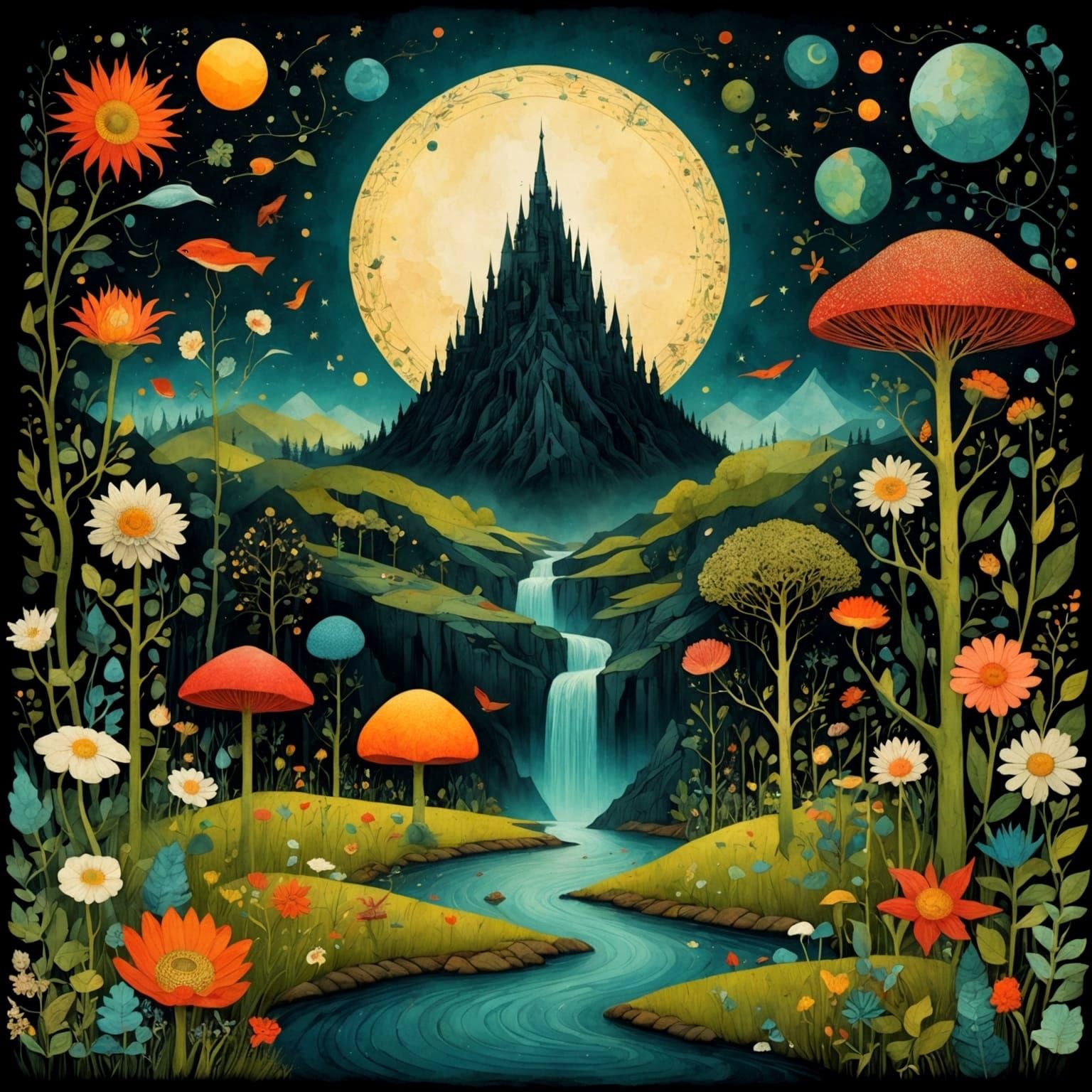 Dark Whimsical Floral Collage in Folk Art Style