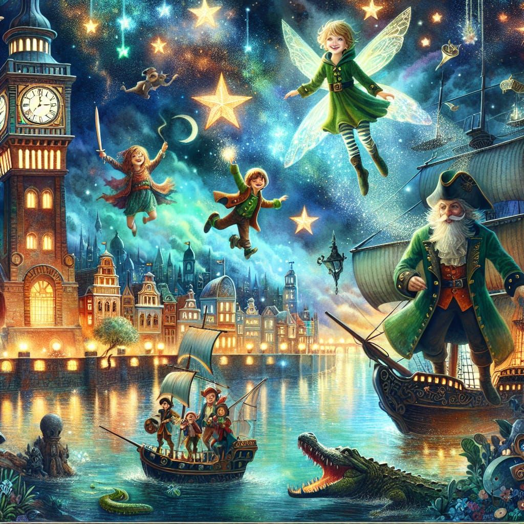 Magical Peter Pan Collage Under Starry Night Sky
