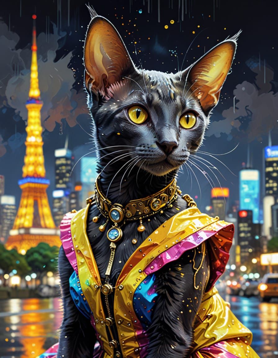 Steampunk Cat in Rainbow Dress by Night City