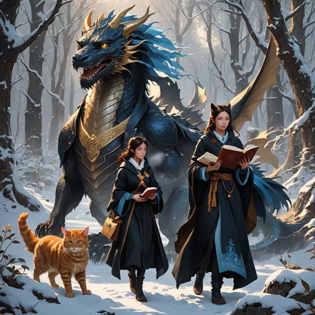 Girl with Dragon in Snowy Forest Fantasy Art
