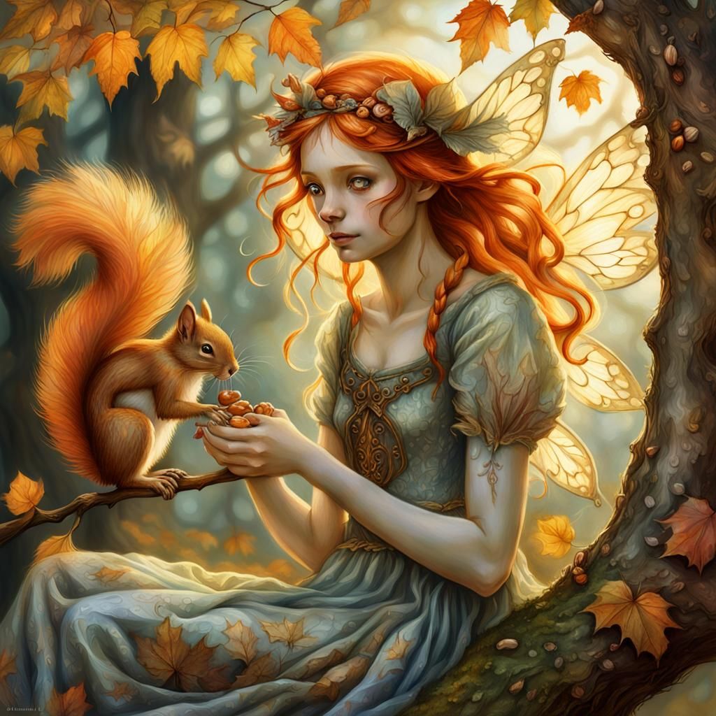 Fairy and Squirrel Portrait in Fantasy Style