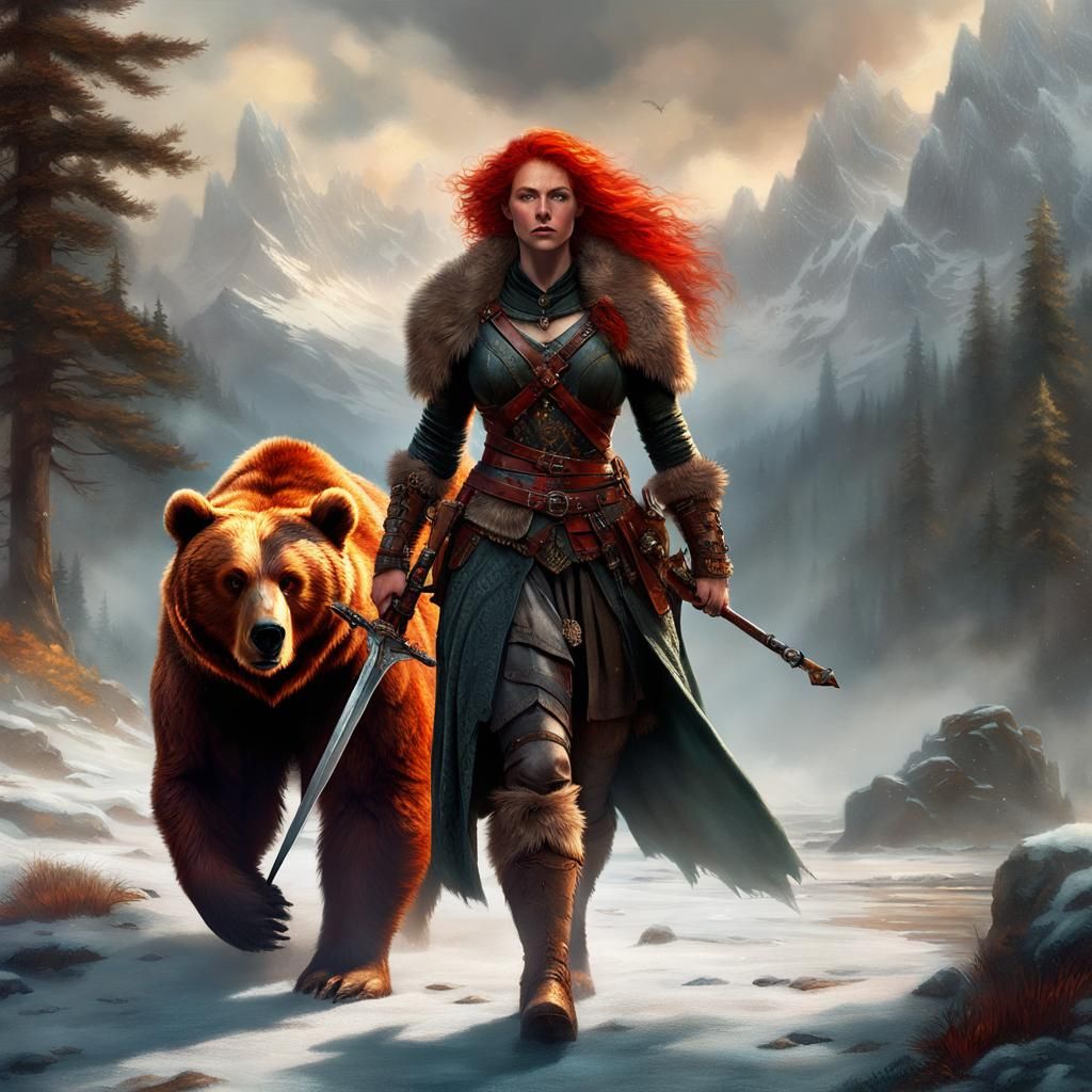Warrior Woman and Bear in Detailed Digital Painting