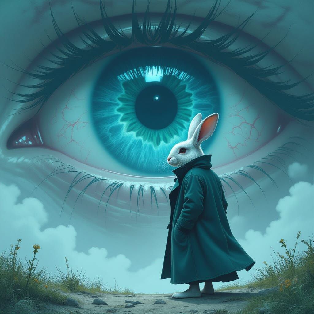 Rabbit Contemplates Void Before Eerie Eye in Dreamlike Art