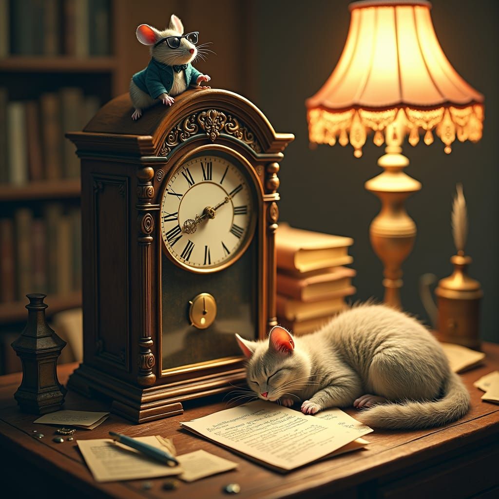 Mouse and Cat on Grandfather Clock, Storybook Illustration