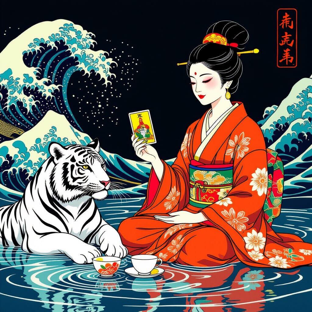 Buddhist Monk with White Tiger in Japanese Tattoo Art