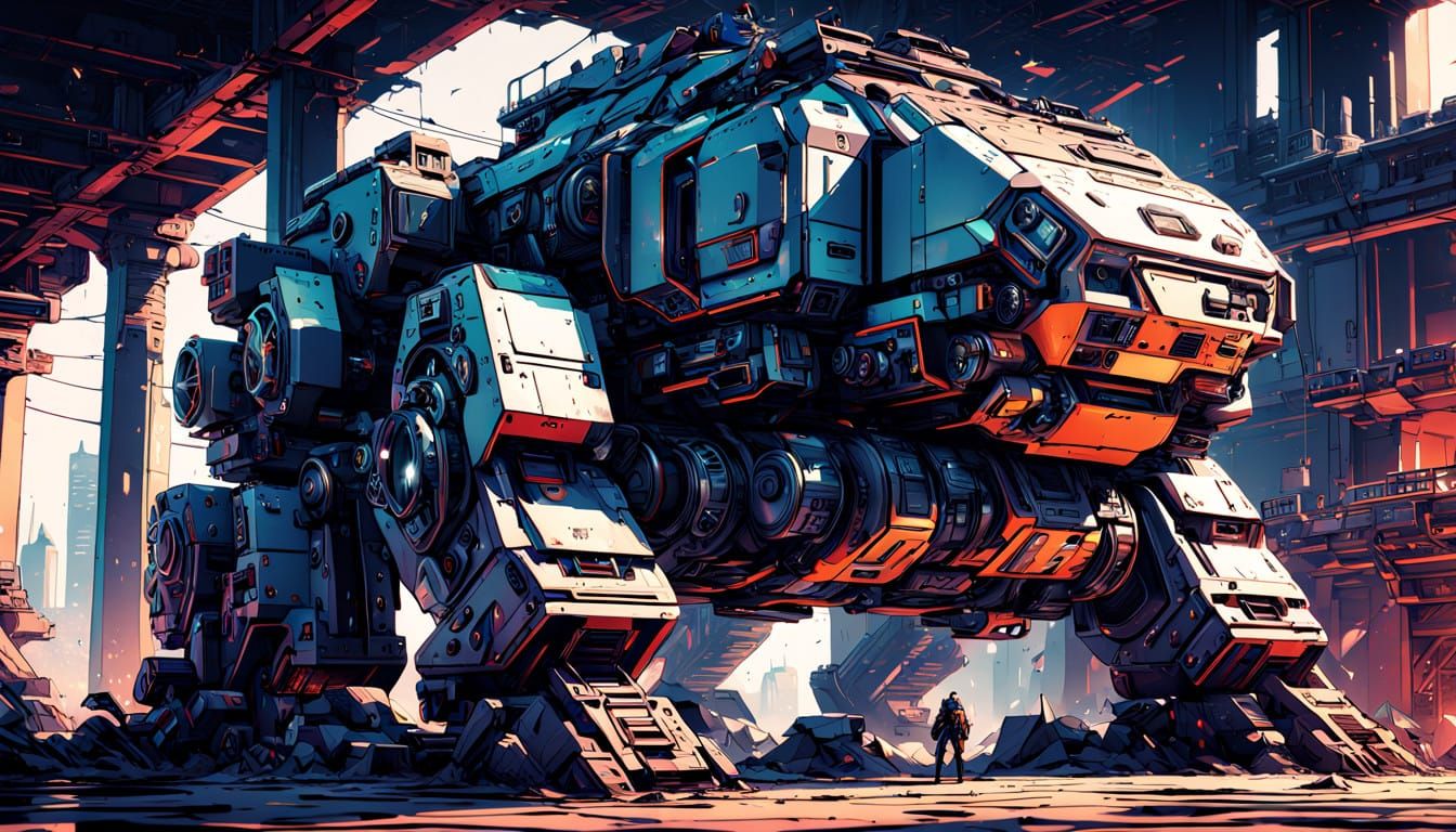 Gleaming Cybernetic Warrior in Manga-Inspired Sci-Fi Landsca...