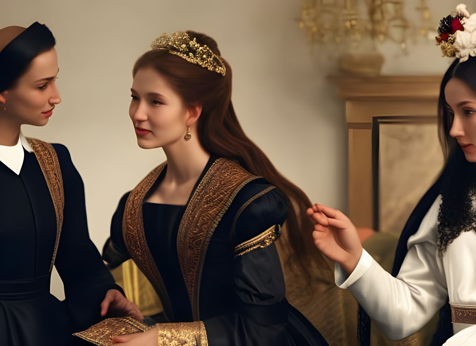 Renaissance Women Chat over Coffee: Hyperreal Painting