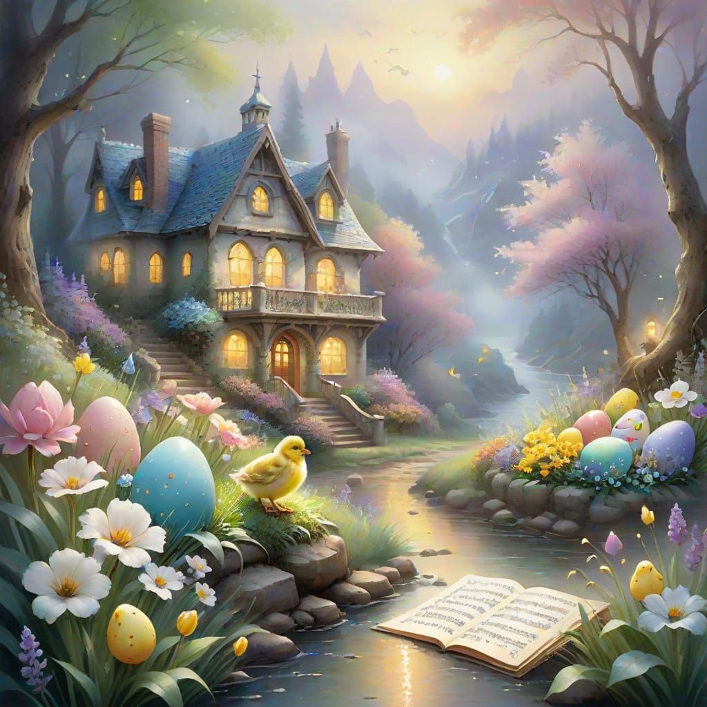 Whimsical Watercolor Fantasy Scene with Easter Eggs and Spri...