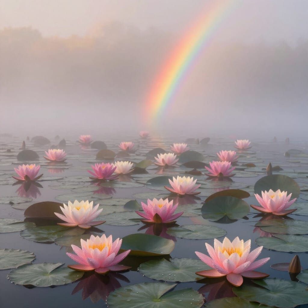 Misty Sunrise Pond with Water Lilies and Faint Rainbow