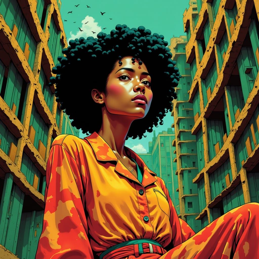 Jazz-Inspired Cyberpunk Hacker in a Ruined Library