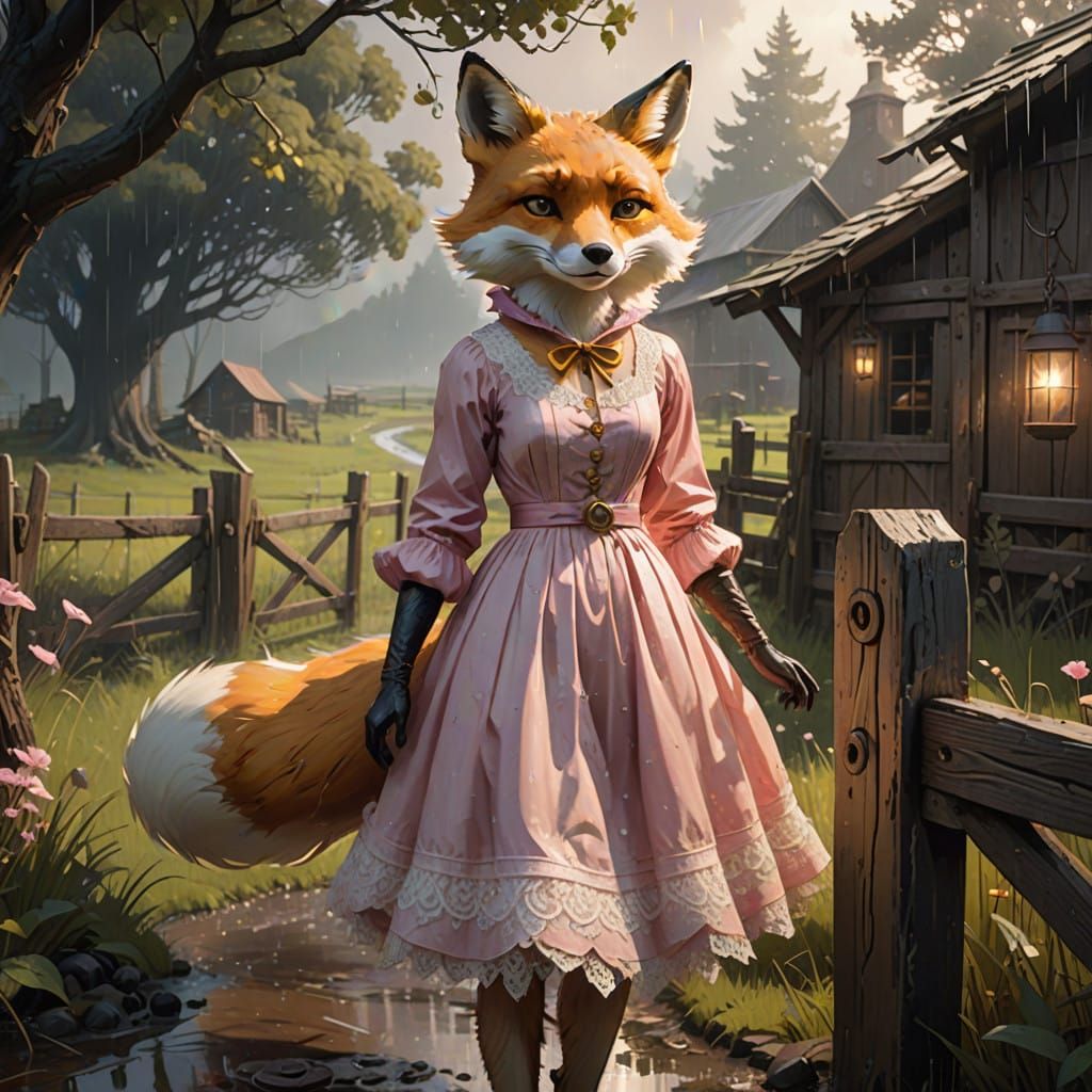 Southern Belle Fox Under Rainy Farm Gate