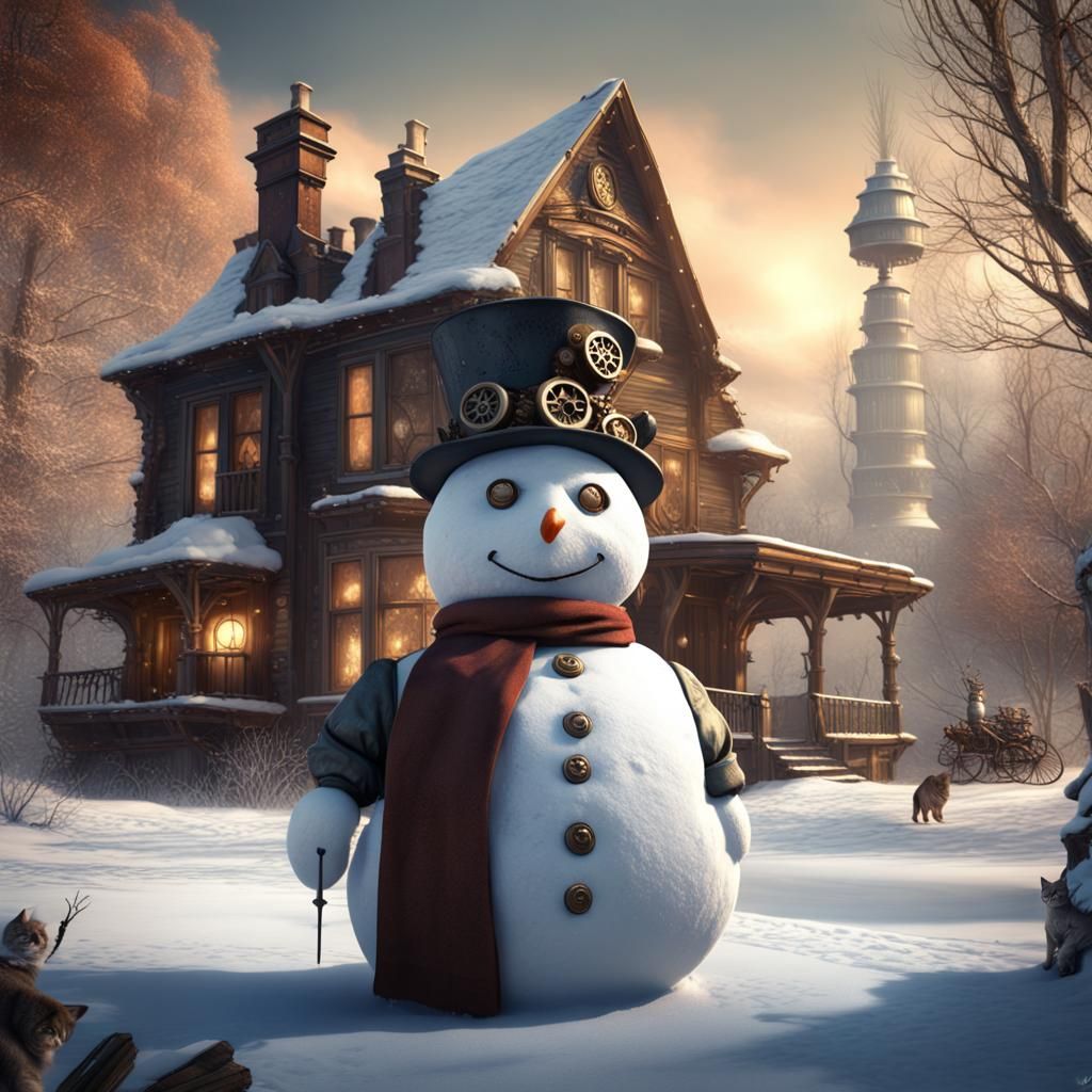 Steampunk Snowman with Cat and House