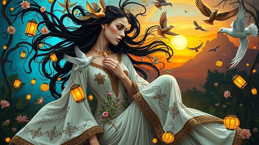 Enchanting Woman Dances in a Whimsical, Dreamlike Realm