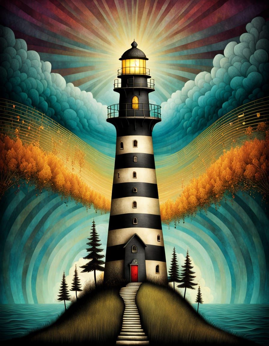 Abstract Musical Fusion surreal dreamscape, andy Kehoe, glitchy, striped lighthouse,