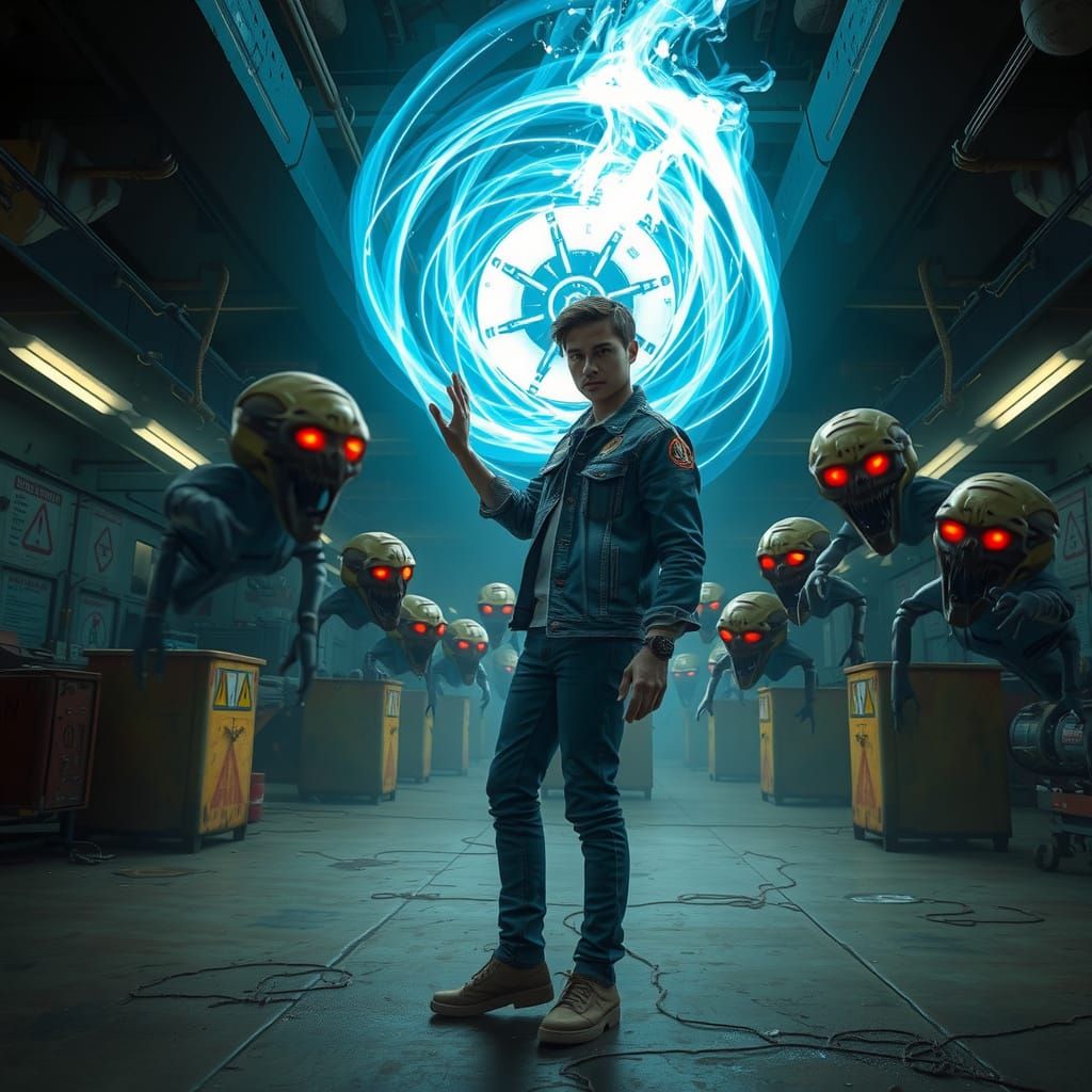 A scene where pressing a button opens a portal, triggers an alien invasion.