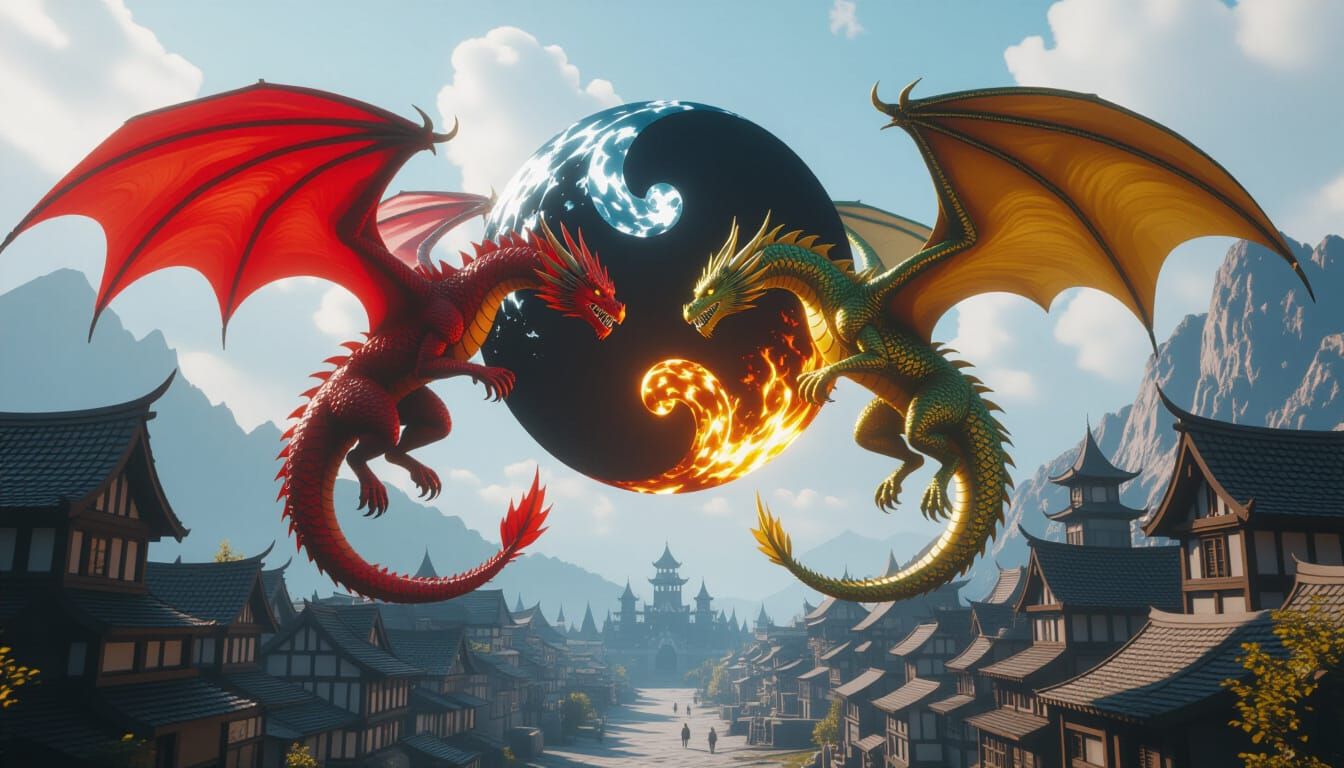 Chromatic Dragons Clash Above Medieval Village