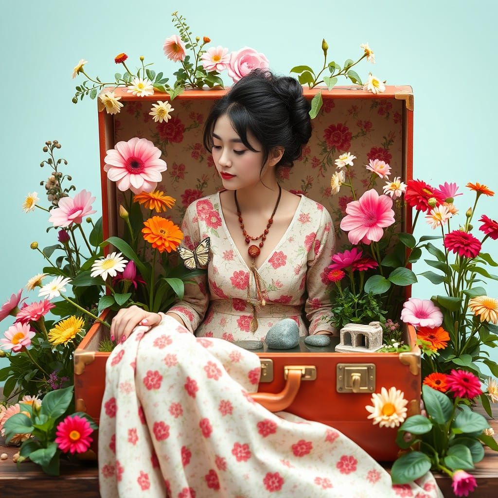 Vibrant Bohemian Garden Inside a Vintage Suitcase