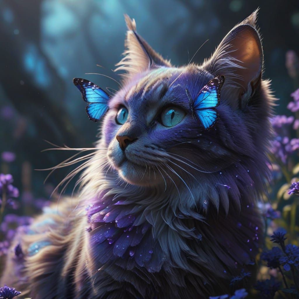 Whimsical Lavender Butterfly Dances on a Cat's Nose