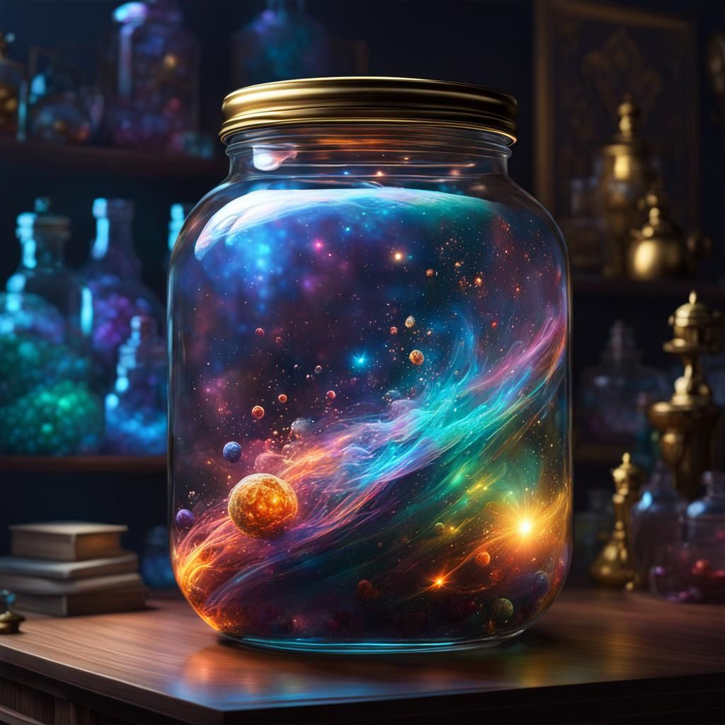 Ethereal Galaxy Trapped in Jar: Hyperrealistic Concept Art