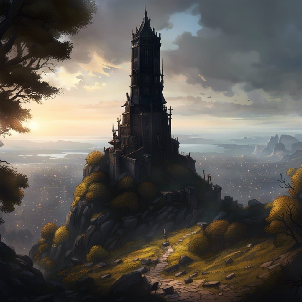 Dark Fantasy Tower Overlooking Town, Detailed Concept Art