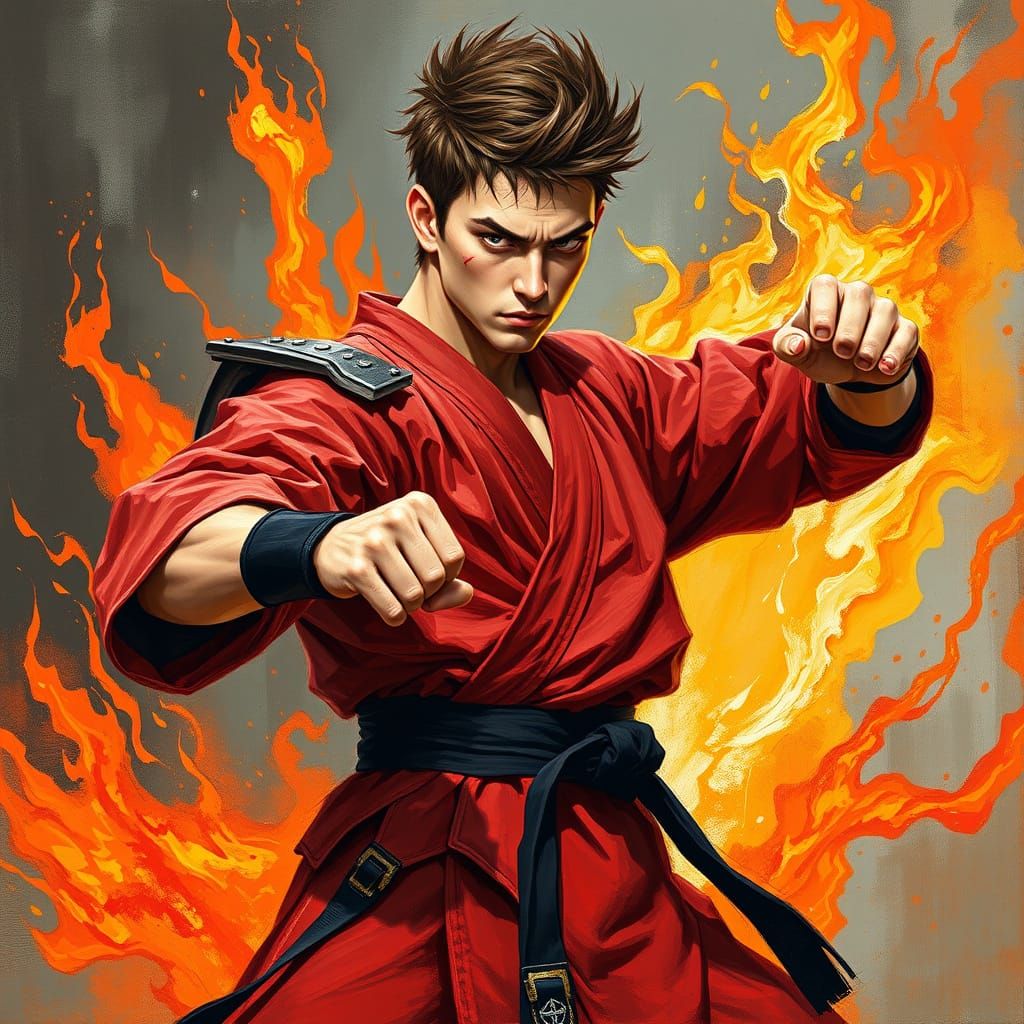 Realistic Young Warrior in Fiery Karate Pose