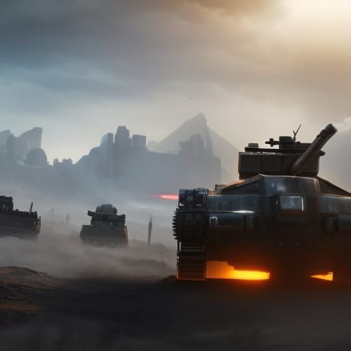 Futuristic Tech Tank in Post-Apocalyptic Battle