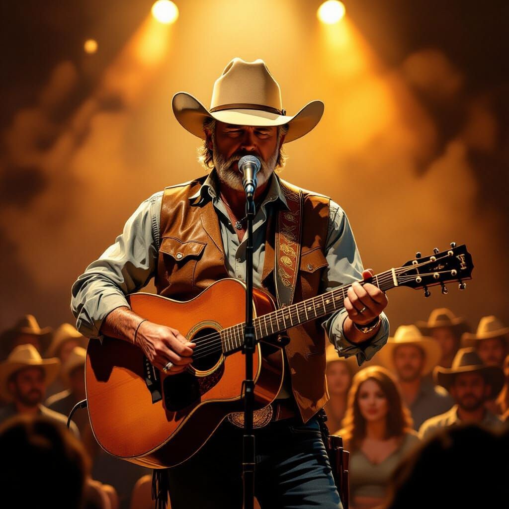 Country Singer With Guitar Before Crowd in Golden Light